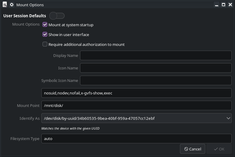 User Session Defaults